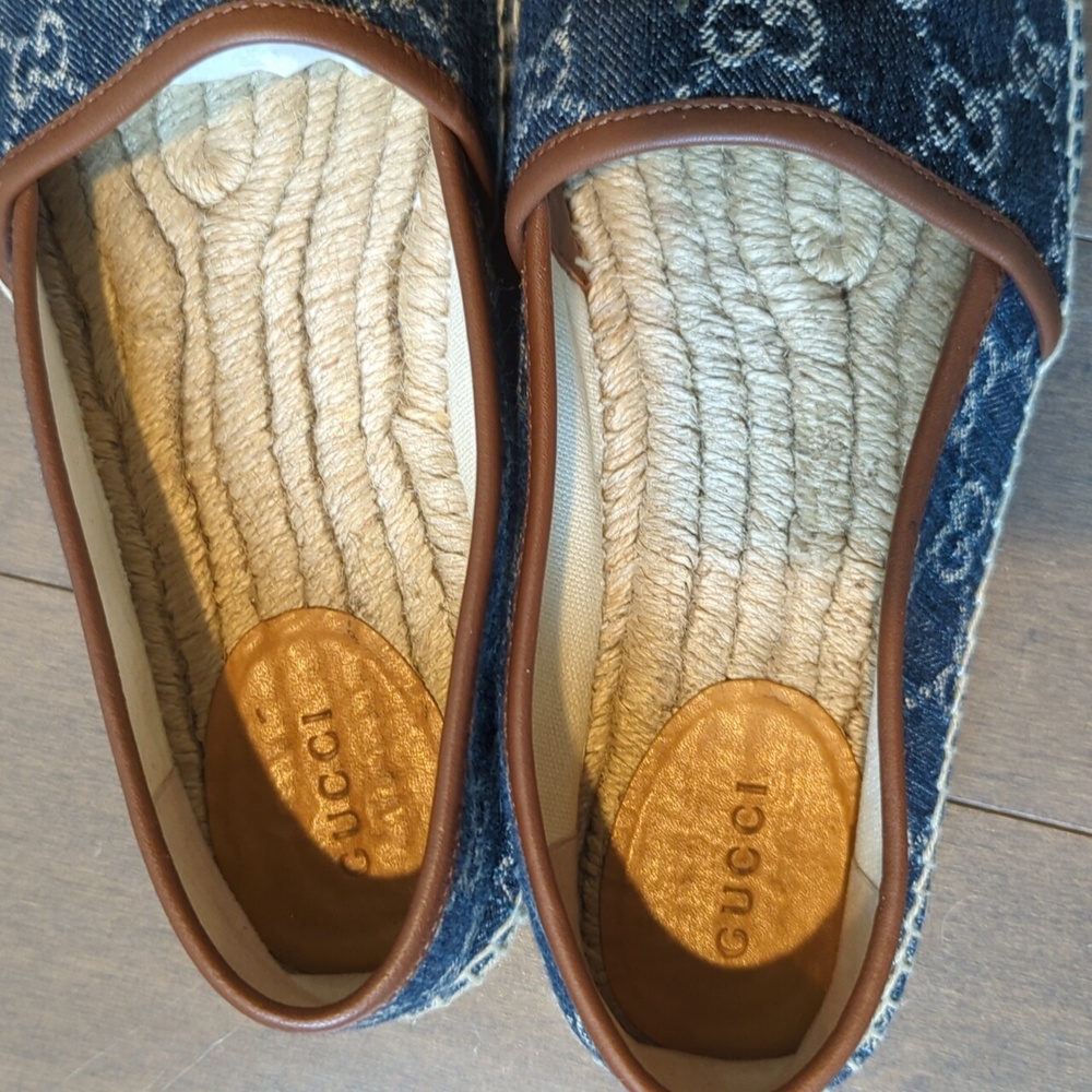 Gucci Blue Denim Monogram Espadrilles with Brown Trim - Picture 6 of 13